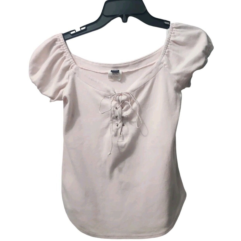 Pssst‎ Lace-Up Top Puff Sleeve Sweetheart Neckline Pink Shirt